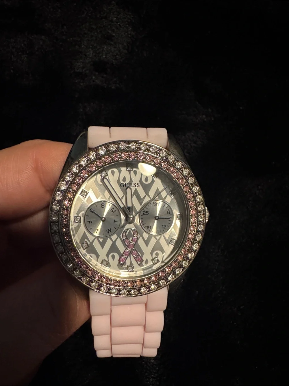 GUESS Pink Silicone Strap Watch with Crystal Bezel